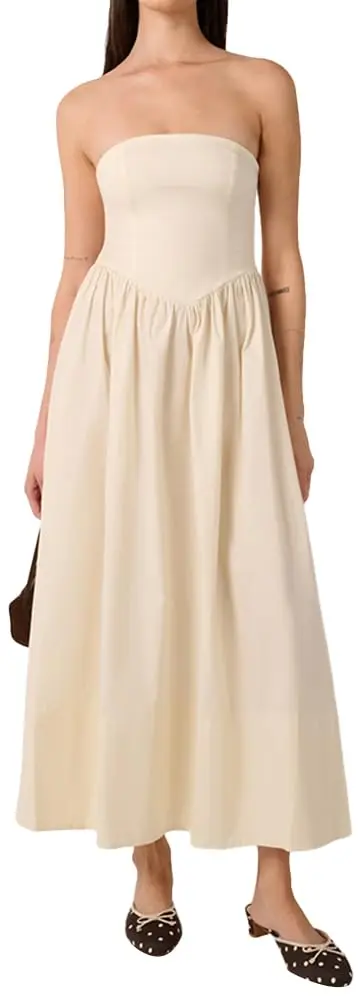 WEWOREWHAT Corset Maxi Dress Solid Ivory L | Strapless Cotton Maxi for Women - main product image