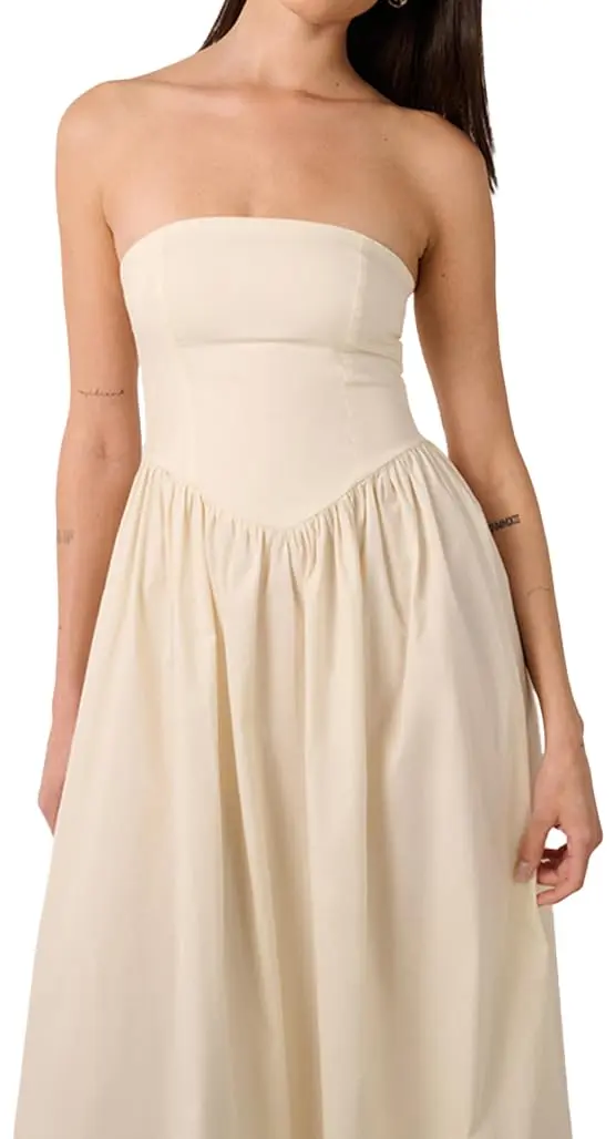 WEWOREWHAT Corset Maxi Dress Solid Ivory L | Strapless Cotton Maxi for Women - view 2