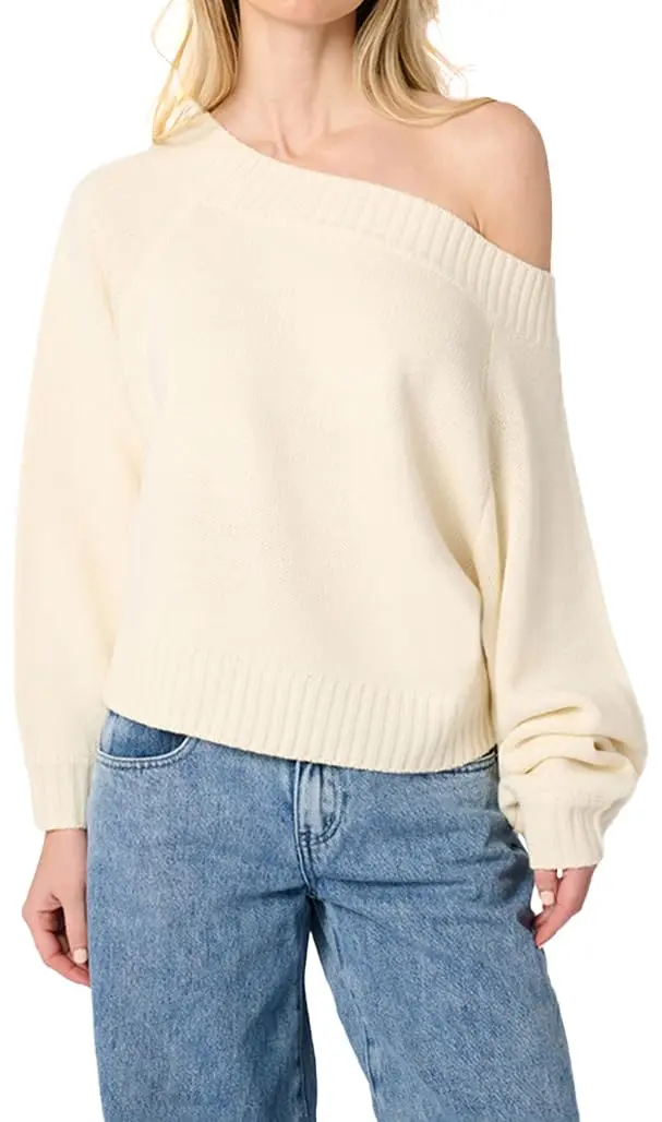 WEWOREWHAT Off Shoulder Sweater Solid Ivory X-Large | Oversized Knit Pullover for Women - main product image