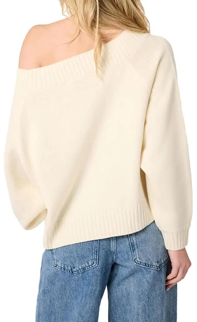 WEWOREWHAT Off Shoulder Sweater Solid Ivory X-Large | Oversized Knit Pullover for Women - view 5