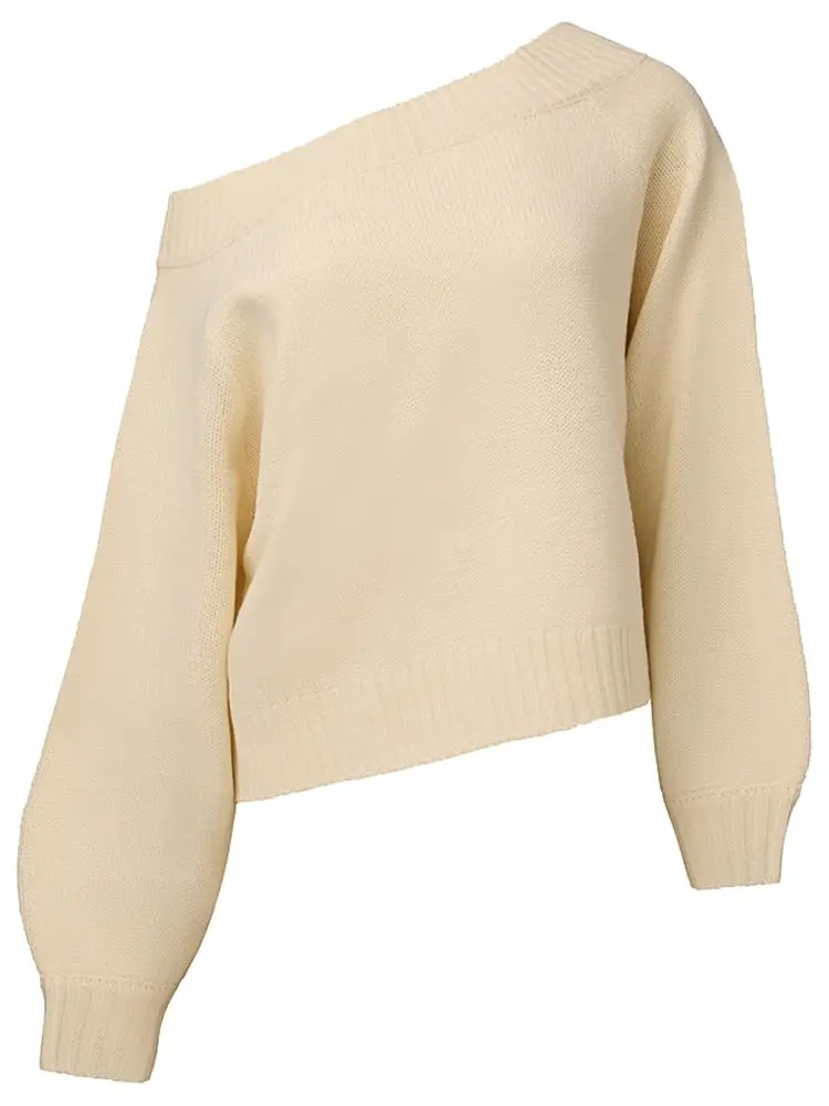 WEWOREWHAT Off Shoulder Sweater Solid Ivory X-Large | Oversized Knit Pullover for Women - view 3