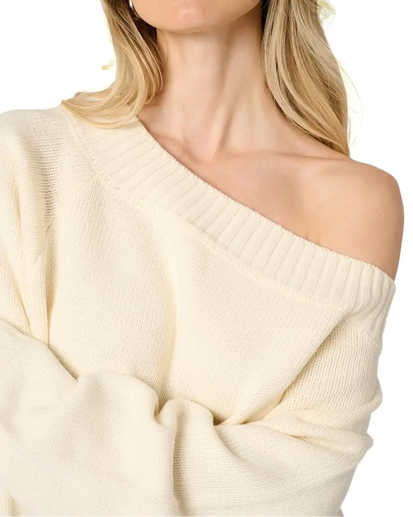 WEWOREWHAT Off Shoulder Sweater Solid Ivory X-Large | Oversized Knit Pullover for Women - view 4