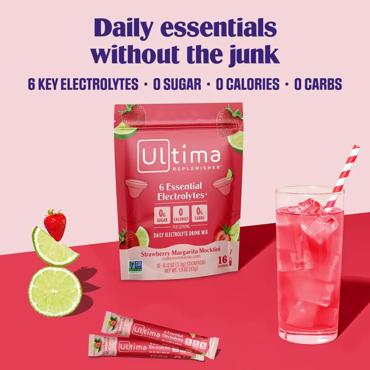 Ultima Replenisher Strawberry Margarita Electrolyte Packets 16 Stickpacks | Sugar-Free Hydration with 6 Key Electrolytes - view 2