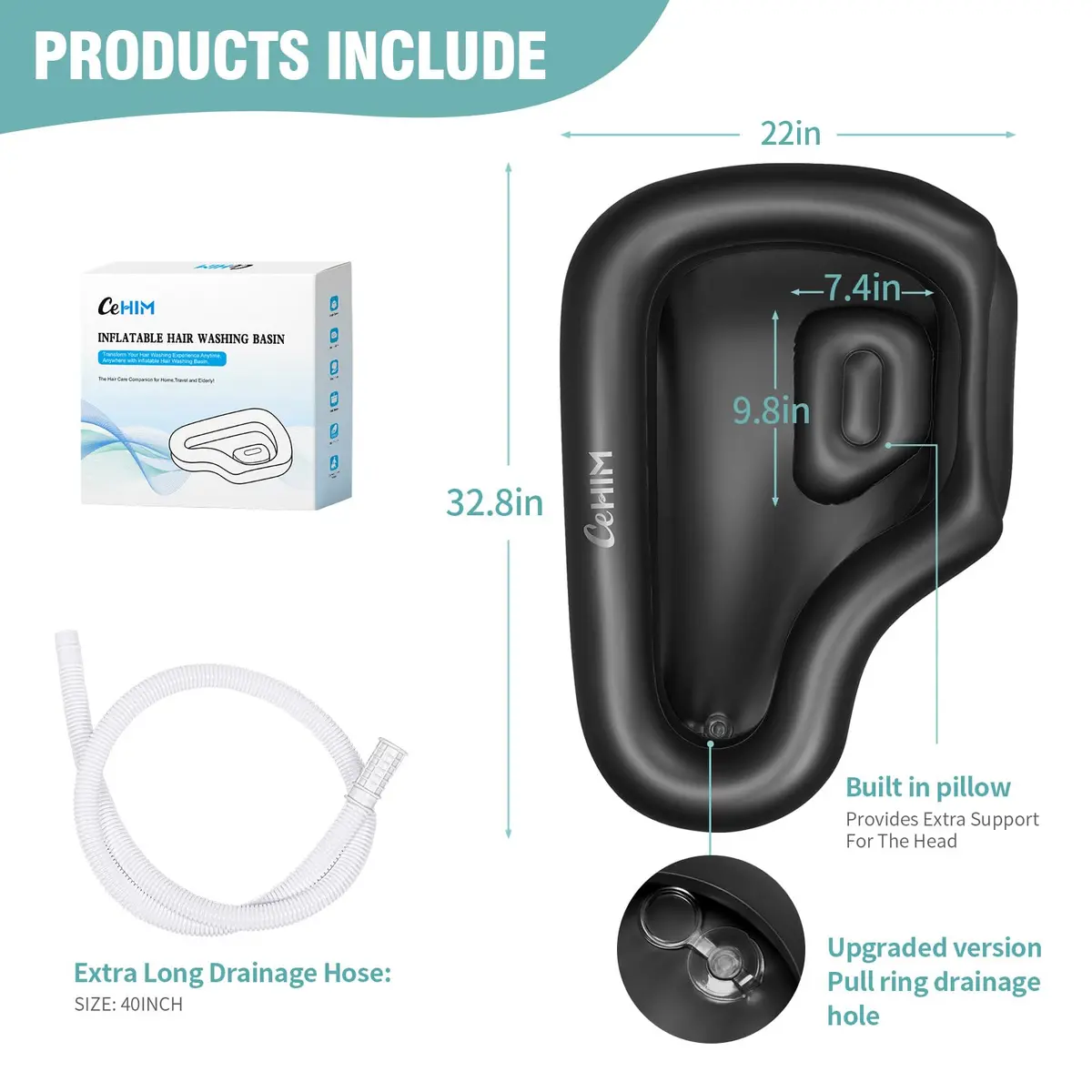 Cehim Inflatable Shampoo Basin with Drain Hose & Pillow - 82cm (32.8") | Bedside Hair Washer for Elderly & Disabled - view 5