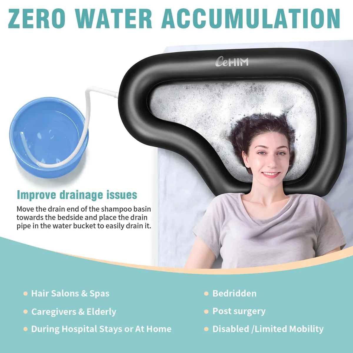 Cehim Inflatable Shampoo Basin with Drain Hose & Pillow - 82cm (32.8") | Bedside Hair Washer for Elderly & Disabled - view 2