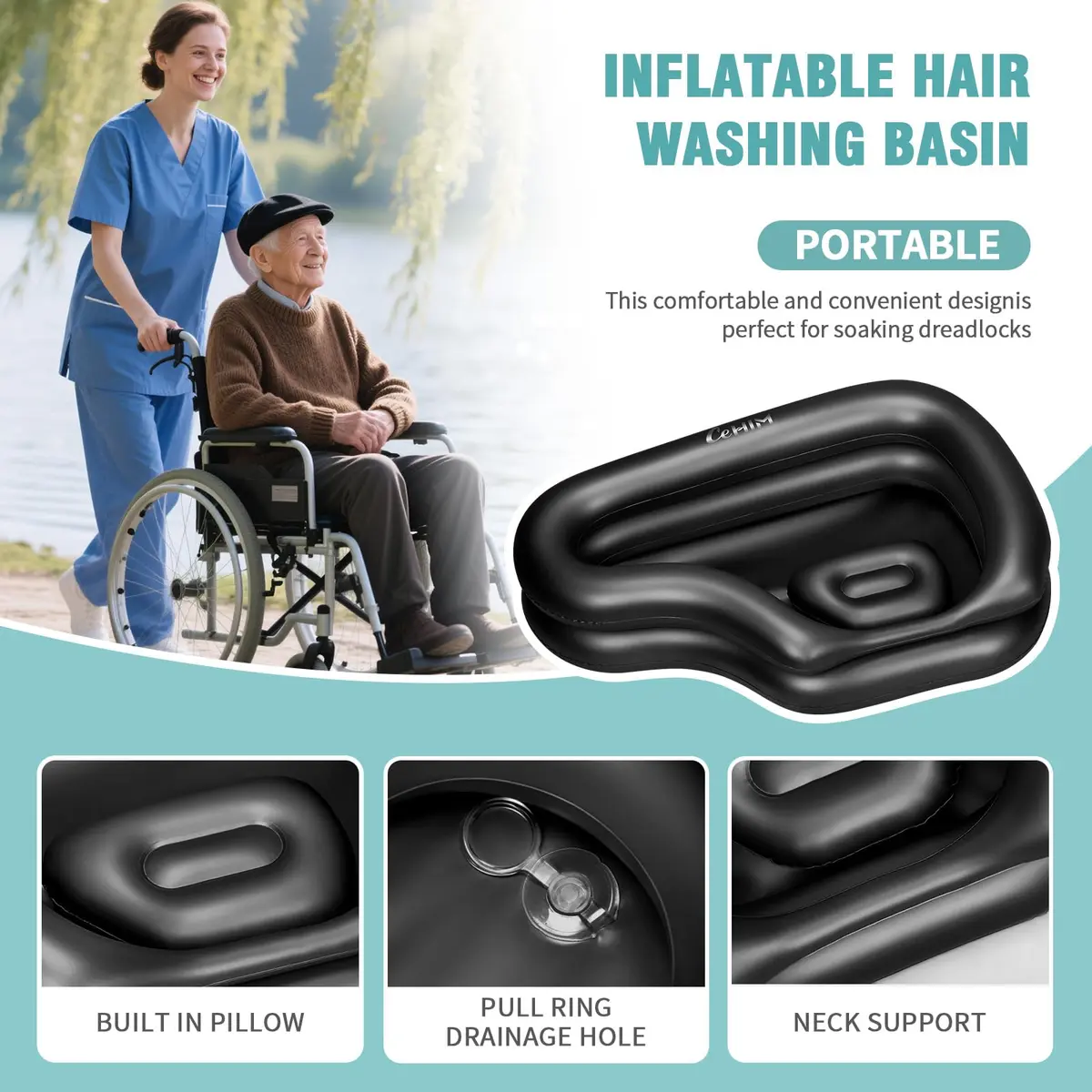 Cehim Inflatable Shampoo Basin with Drain Hose & Pillow - 82cm (32.8") | Bedside Hair Washer for Elderly & Disabled - view 3