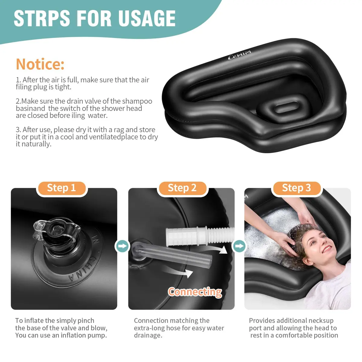 Cehim Inflatable Shampoo Basin with Drain Hose & Pillow - 82cm (32.8") | Bedside Hair Washer for Elderly & Disabled - view 4