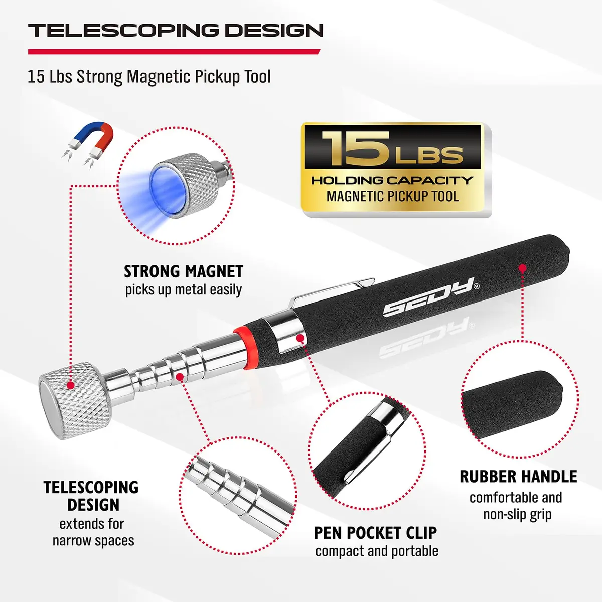 SEDY 4-Piece Magnetic Pickup Tools Set: 31in Telescoping Stick (78.7cm), 25in Pen Magnet (63.5cm), 20in Flexible Stick (50.8cm) | Workshop & Garage Essentials - view 4