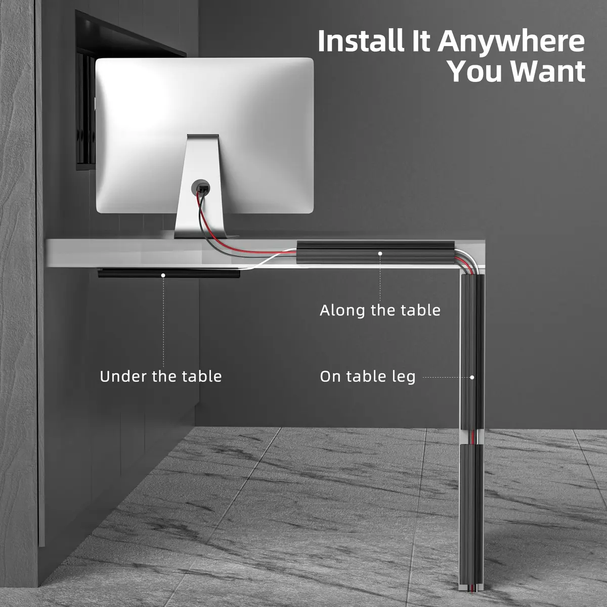Yecaye 157in Cable Management Cord Organizer, Black | Under Desk, Easy Install Self-Adhesive Cord Hider - view 3