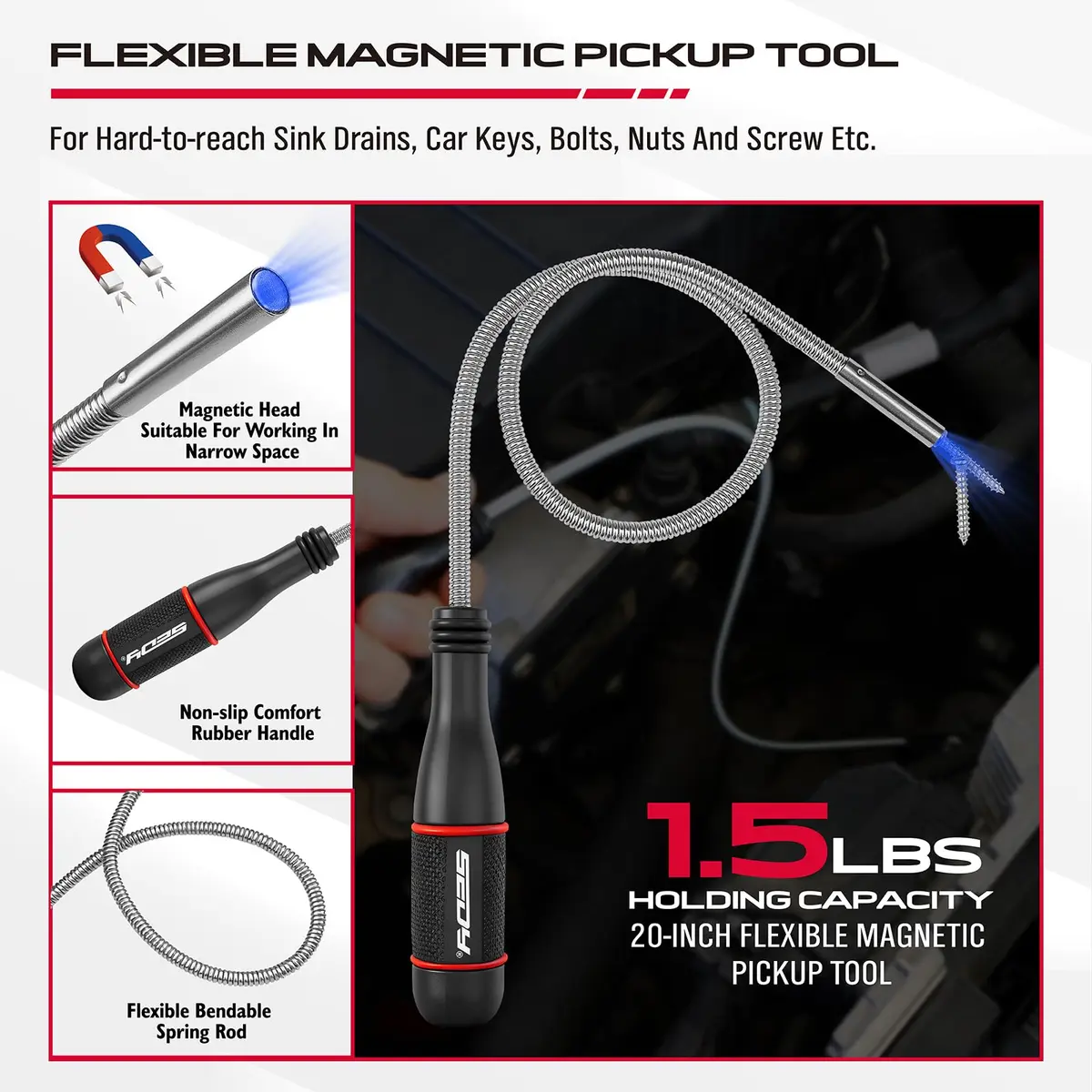 SEDY 6-Piece Telescoping Magnetic Pickup Tools Set with Trays | 31in Extendable Stick & Flexible Grabber - view 4