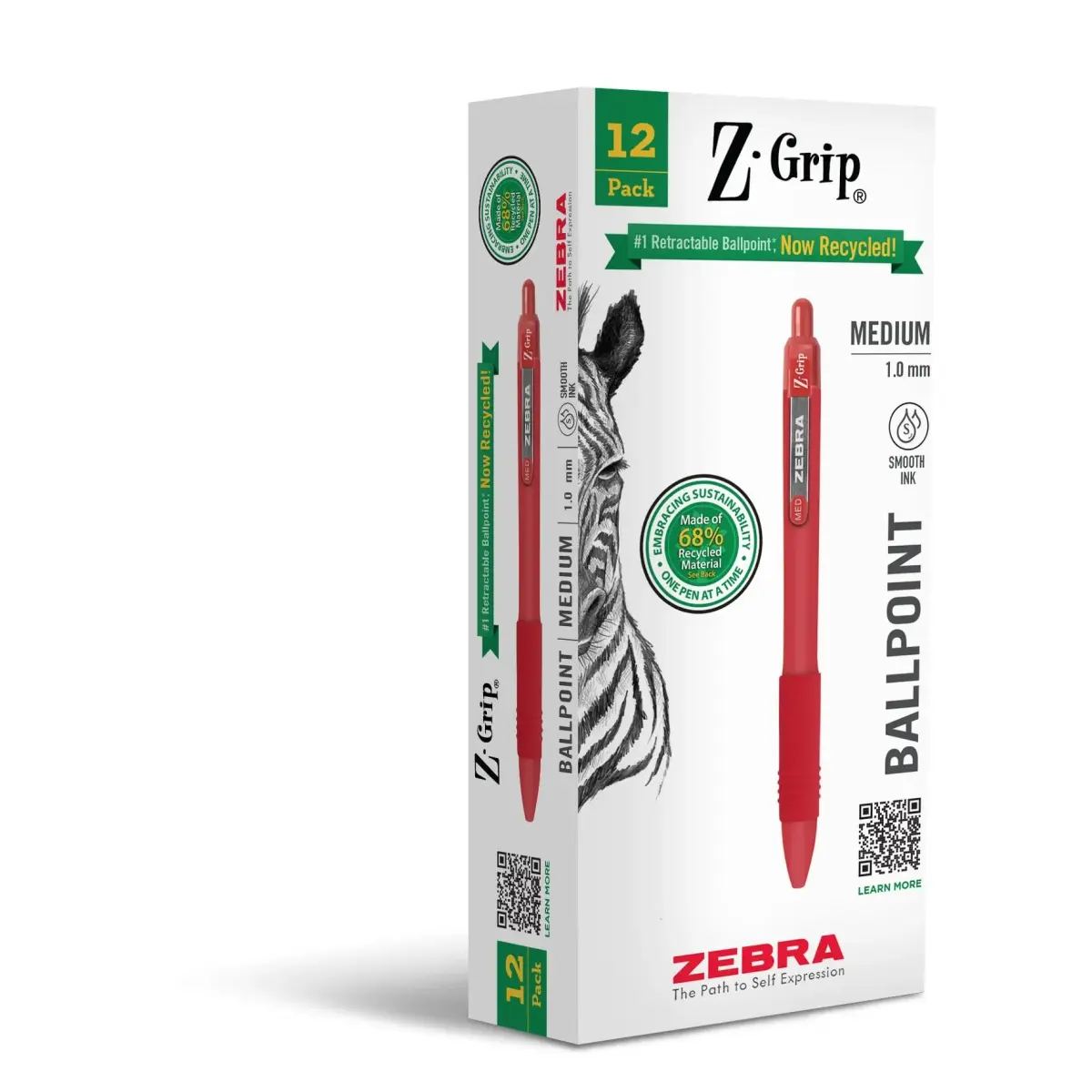 Zebra Pen Z-Grip Recycled Ballpoint Pens, Red Ink, 1.0mm, 12-Pack | Smooth Writing for Students & Professionals - main product image
