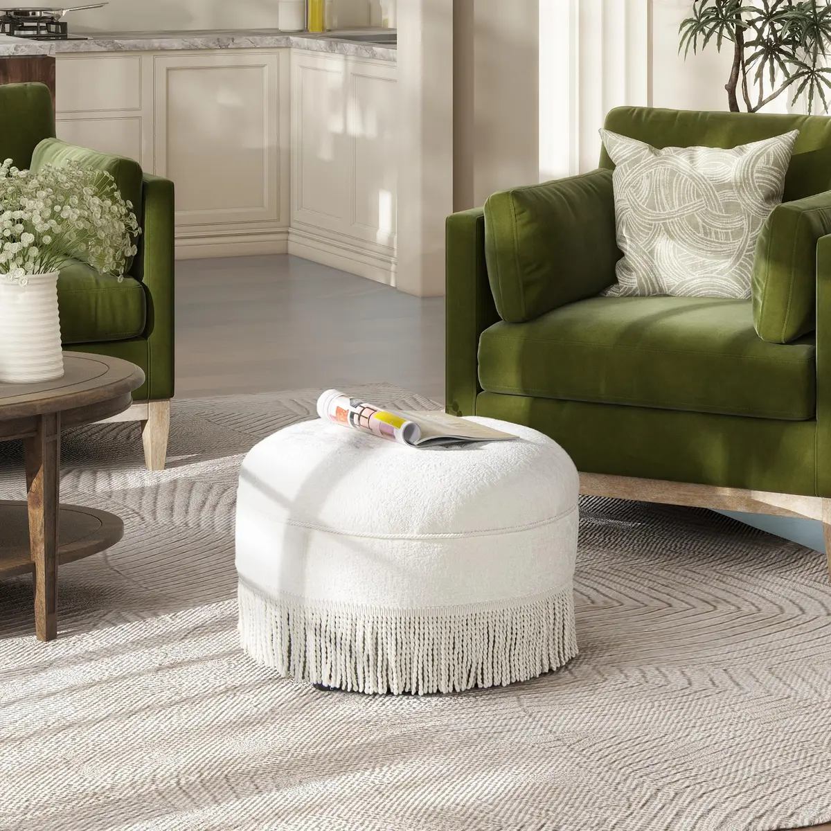 Jennifer Taylor Home Yolanda 24" Round Upholstered Accent Ottoman in Almond White Chenille | Vintage Chic, Multi-Functional - view 4