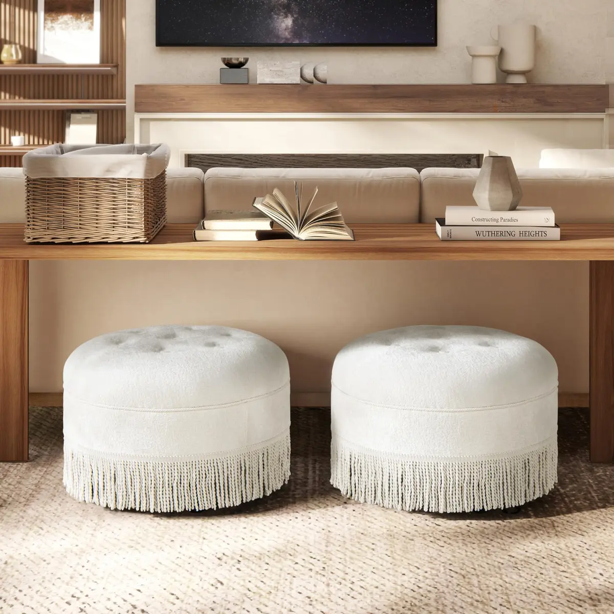 Jennifer Taylor Home Yolanda 24" Round Upholstered Accent Ottoman in Almond White Chenille | Vintage Chic, Multi-Functional - view 5