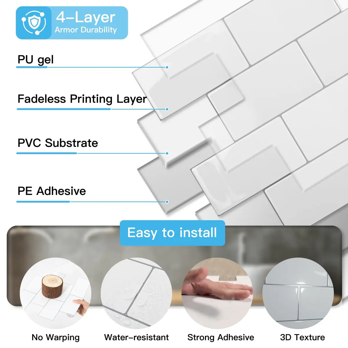 Art3d Subway Peel and Stick Backsplash 12.6 x 10.6 in Thickened Design | Modern White Tile for Kitchen & Bathroom - view 7