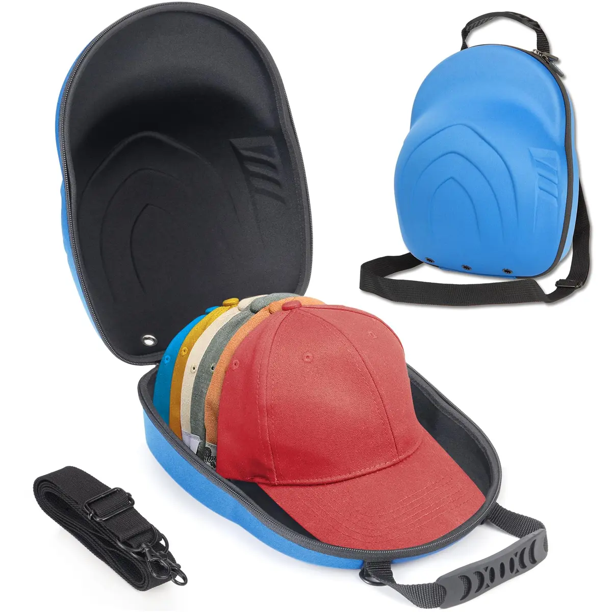 Glamgen Hard Hat Travel Case for 6 Baseball Caps with Shoulder Strap & Handle, Blue | Protects Hats on Travel & Home - main product image