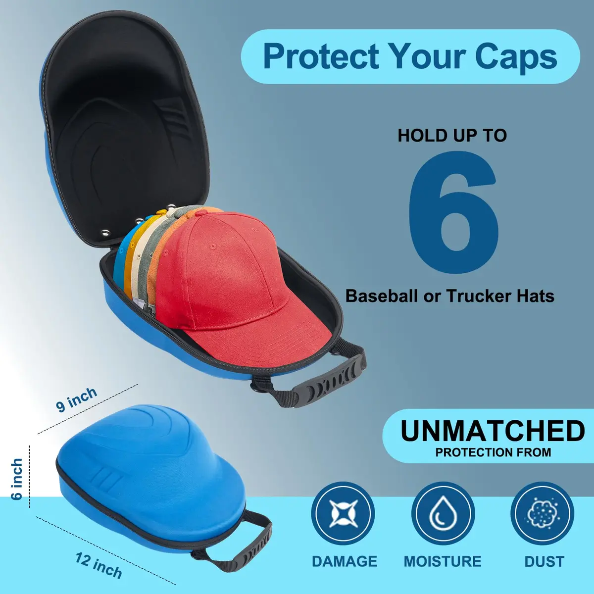 Glamgen Hard Hat Travel Case for 6 Baseball Caps with Shoulder Strap & Handle, Blue | Protects Hats on Travel & Home - view 2