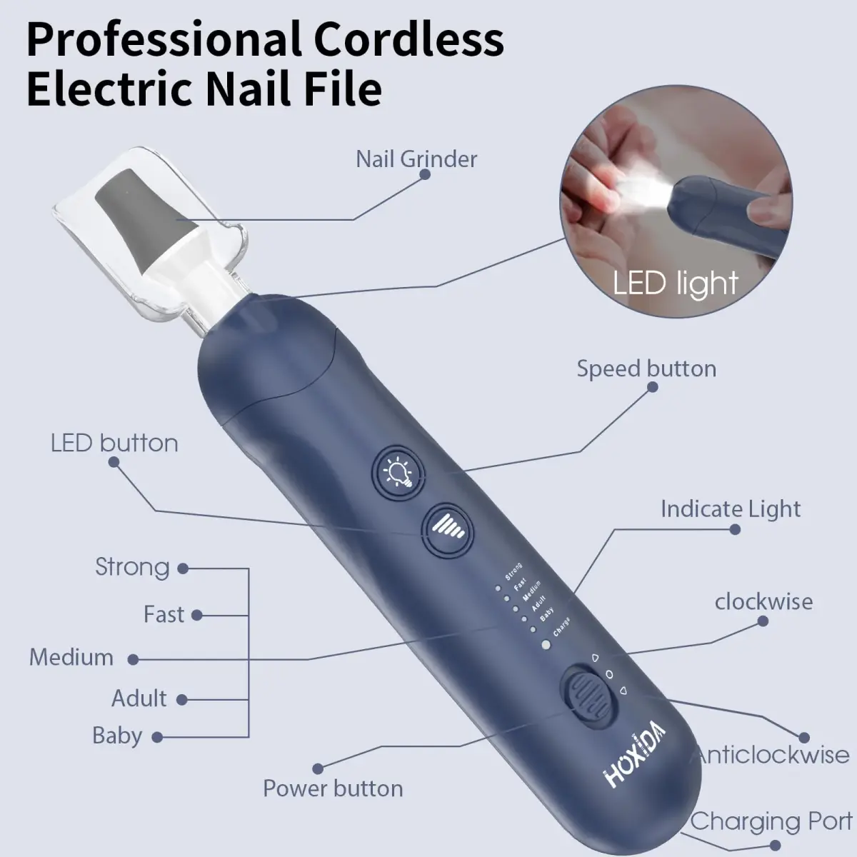 Hoxida Blue Cordless Electric Nail File Set with 360° LED Light | 20,000 RPM Professional Manicure Pedicure Kit - view 7