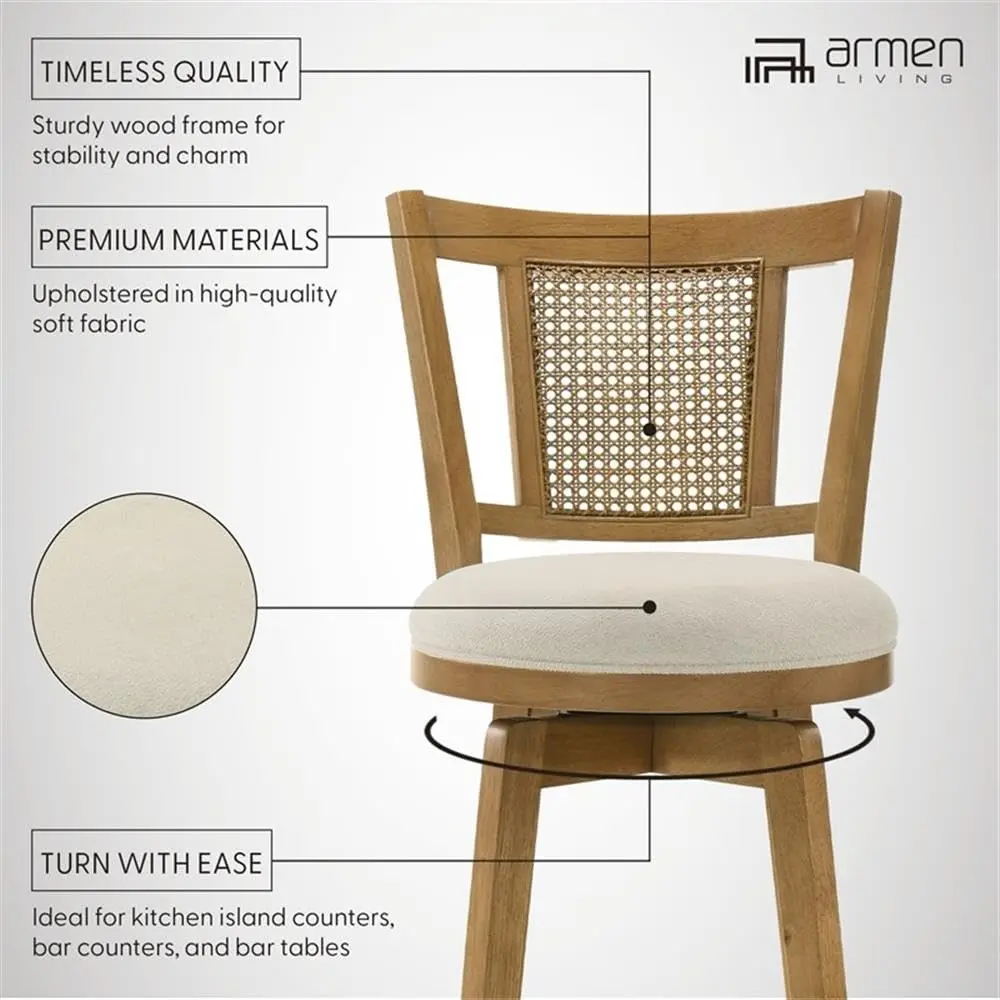 Armen Living Isla 26 in. Amber Glow Counter Height Rubberwood Swivel Barstool with Ivory Fabric Seat - Set of 3 - view 7