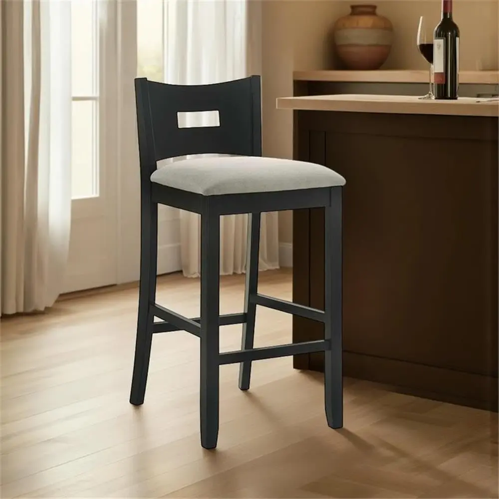 Armen Living Ren 30 in. Matte Black Bar Height Rubberwood Barstool with Fog Fabric Seat - Set of 3 - view 7