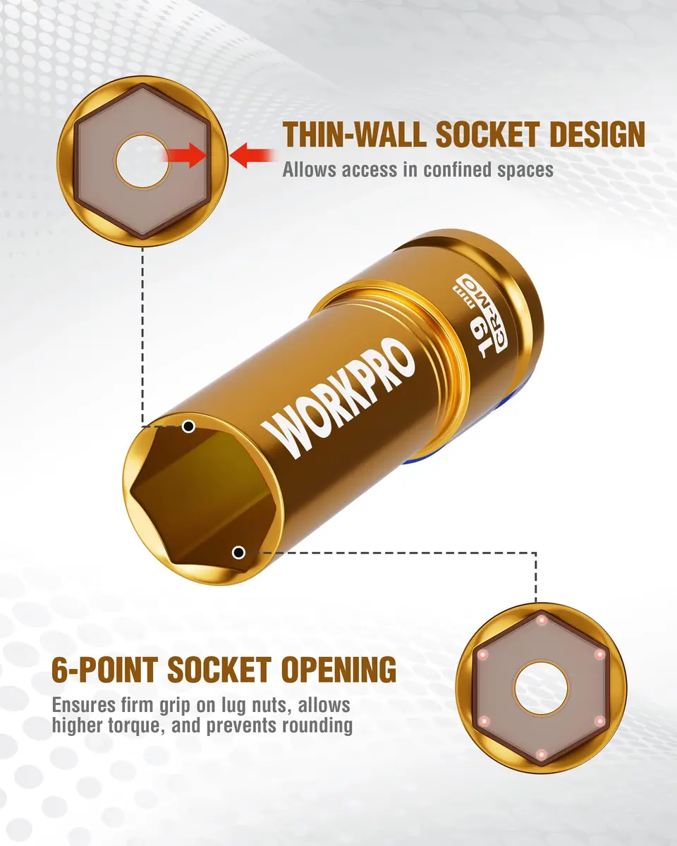 WORKPRO 1/2" Drive 19mm Deep Thin Wall Impact Socket | Premium Cr-Mo Steel for Lug Nuts - view 4