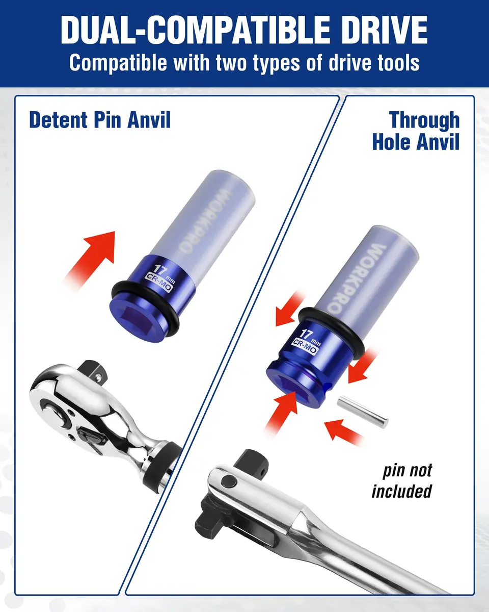 WORKPRO 1/2" Drive Lug Nut Impact Duty Socket Set, 3 Pieces 17-19-21mm | Thin Wall Deep Sockets for Cars - view 6
