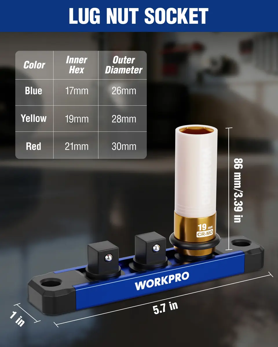 WORKPRO 1/2" Drive Lug Nut Impact Duty Socket Set, 3 Pieces 17-19-21mm | Thin Wall Deep Sockets for Cars - view 2