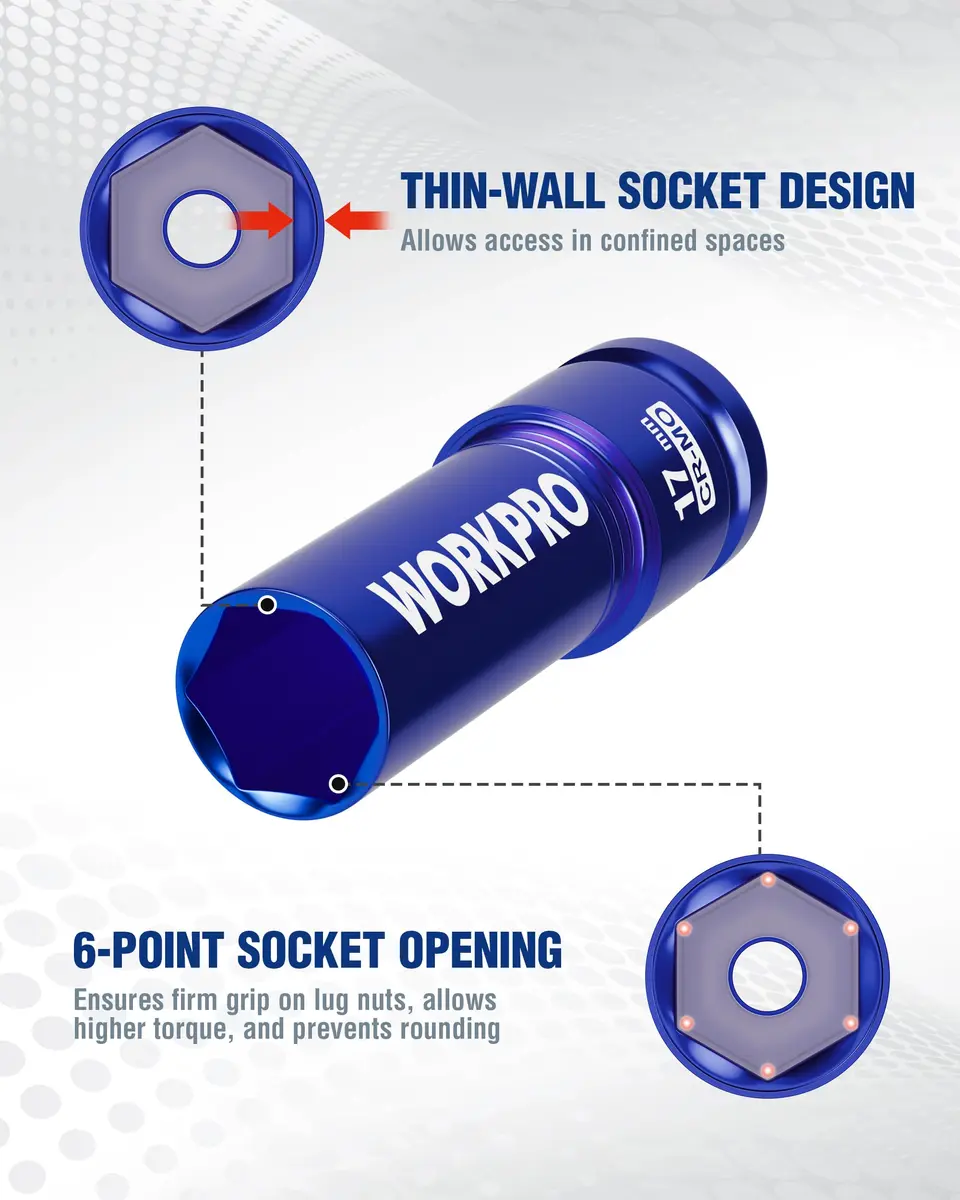 WORKPRO 1/2" Drive 17mm Deep Thin Wall Impact Socket | Chrome Molybdenum Steel - view 4