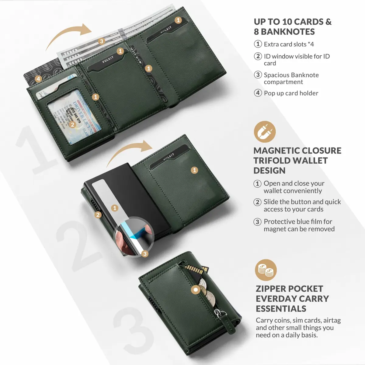 VULKIT Card Holder Wallet with Coin Pocket & ID Window | RFID Blocking Leather Wallet for Cash & Credit Cards - view 2
