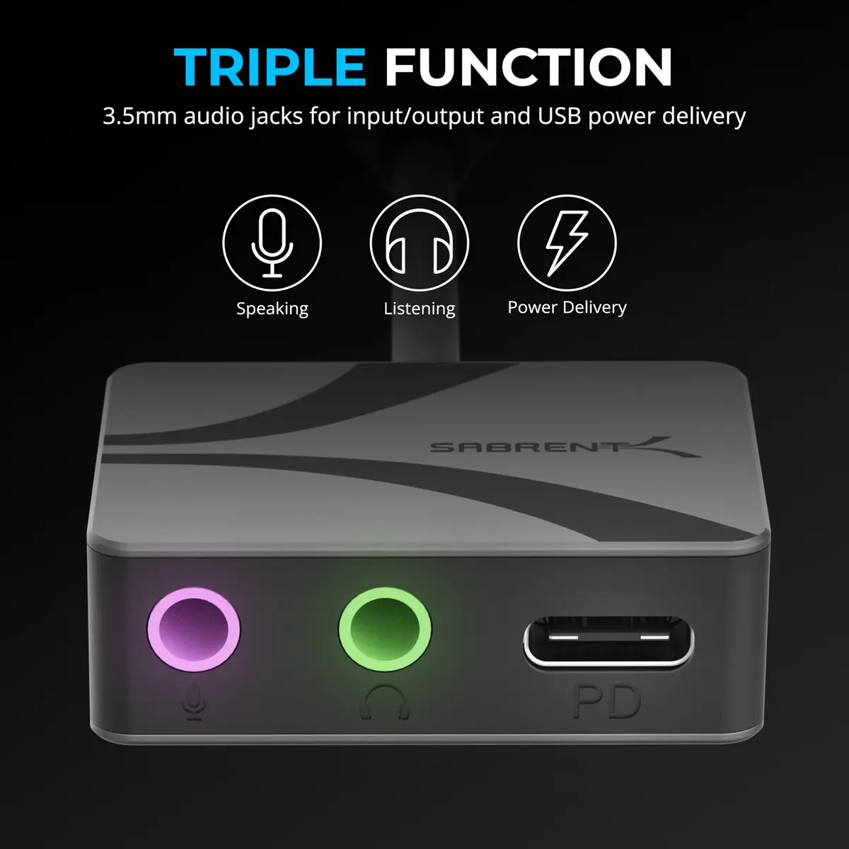 SABRENT USB-C to 3.5mm Audio Adapter with 100W PD, 24-Bit | Portable Sound Card for USB-C Devices - view 3