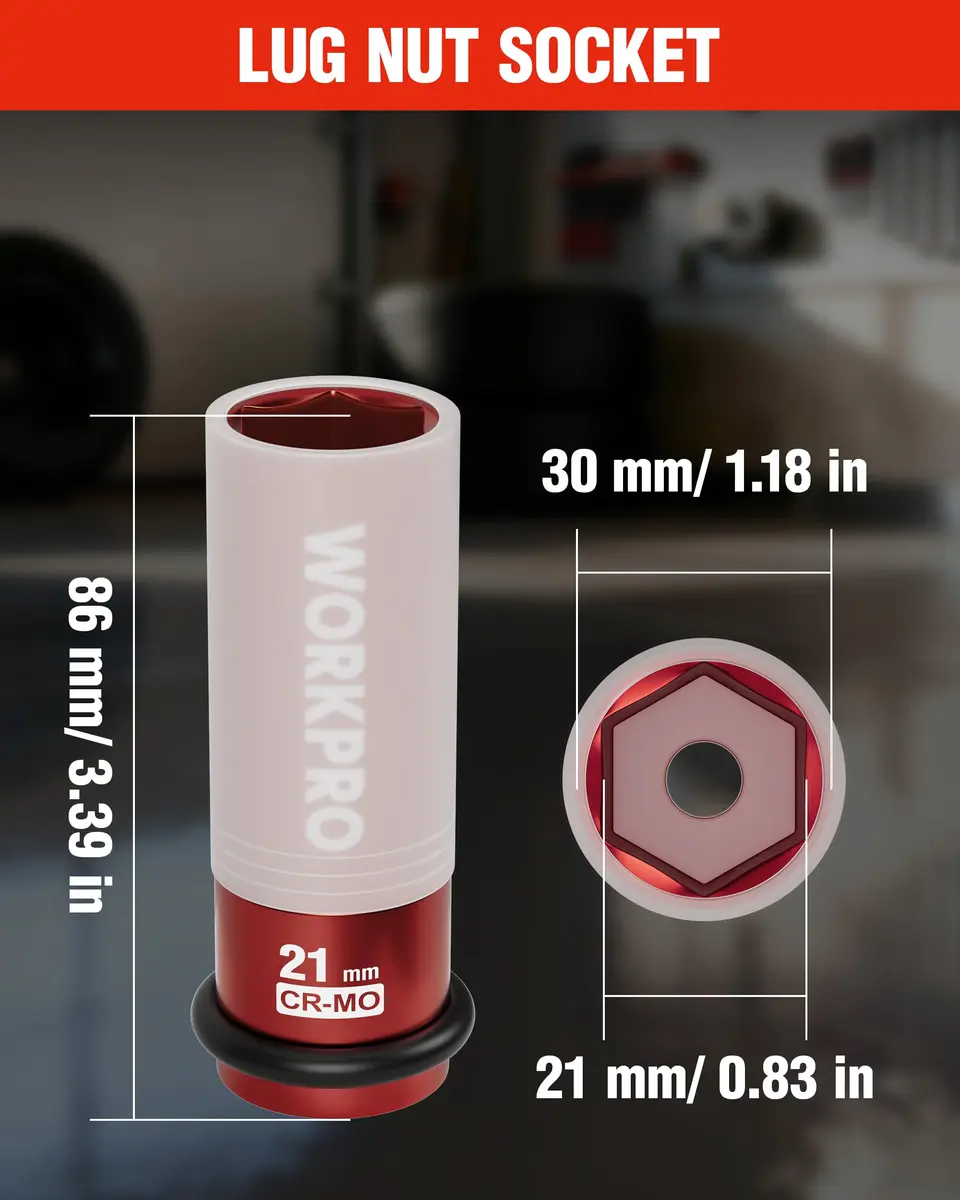WORKPRO 1/2" Drive 21mm Deep Thin Wall Impact Socket | Cr-Mo Steel Wheel Lug Nut Socket - view 2