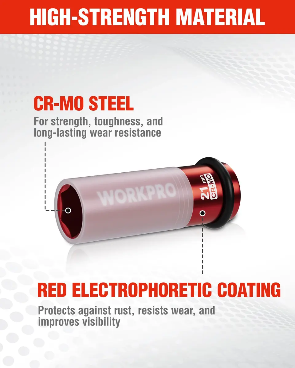 WORKPRO 1/2" Drive 21mm Deep Thin Wall Impact Socket | Cr-Mo Steel Wheel Lug Nut Socket - view 3