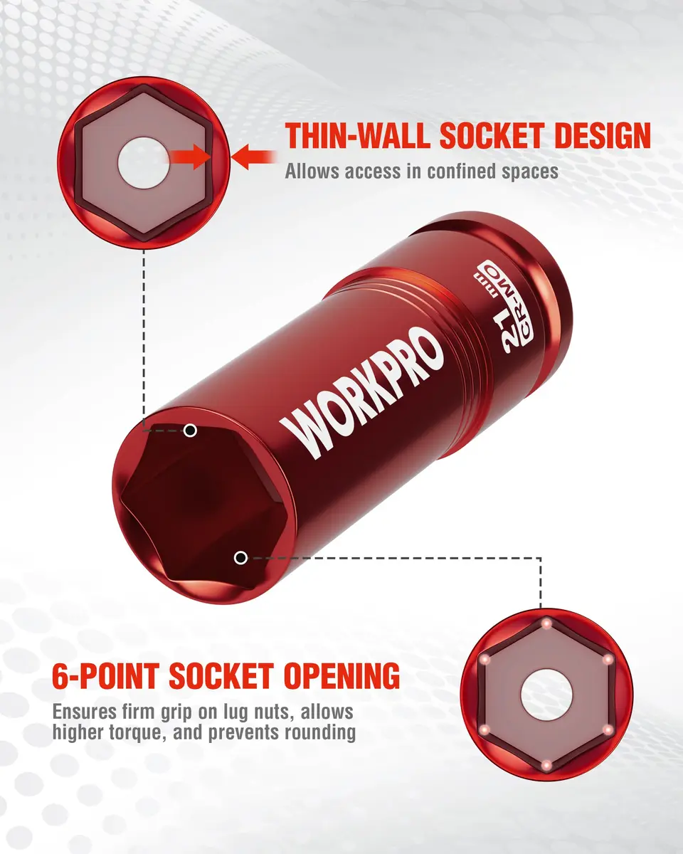 WORKPRO 1/2" Drive 21mm Deep Thin Wall Impact Socket | Cr-Mo Steel Wheel Lug Nut Socket - view 4