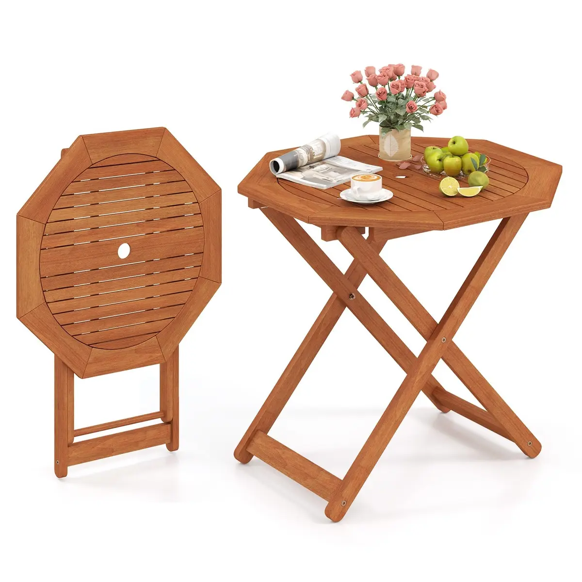 CLEEMAN Folding Outdoor Dining Table 32" x 32" Octagon Solid Wood Teak Oil Finish - main product image