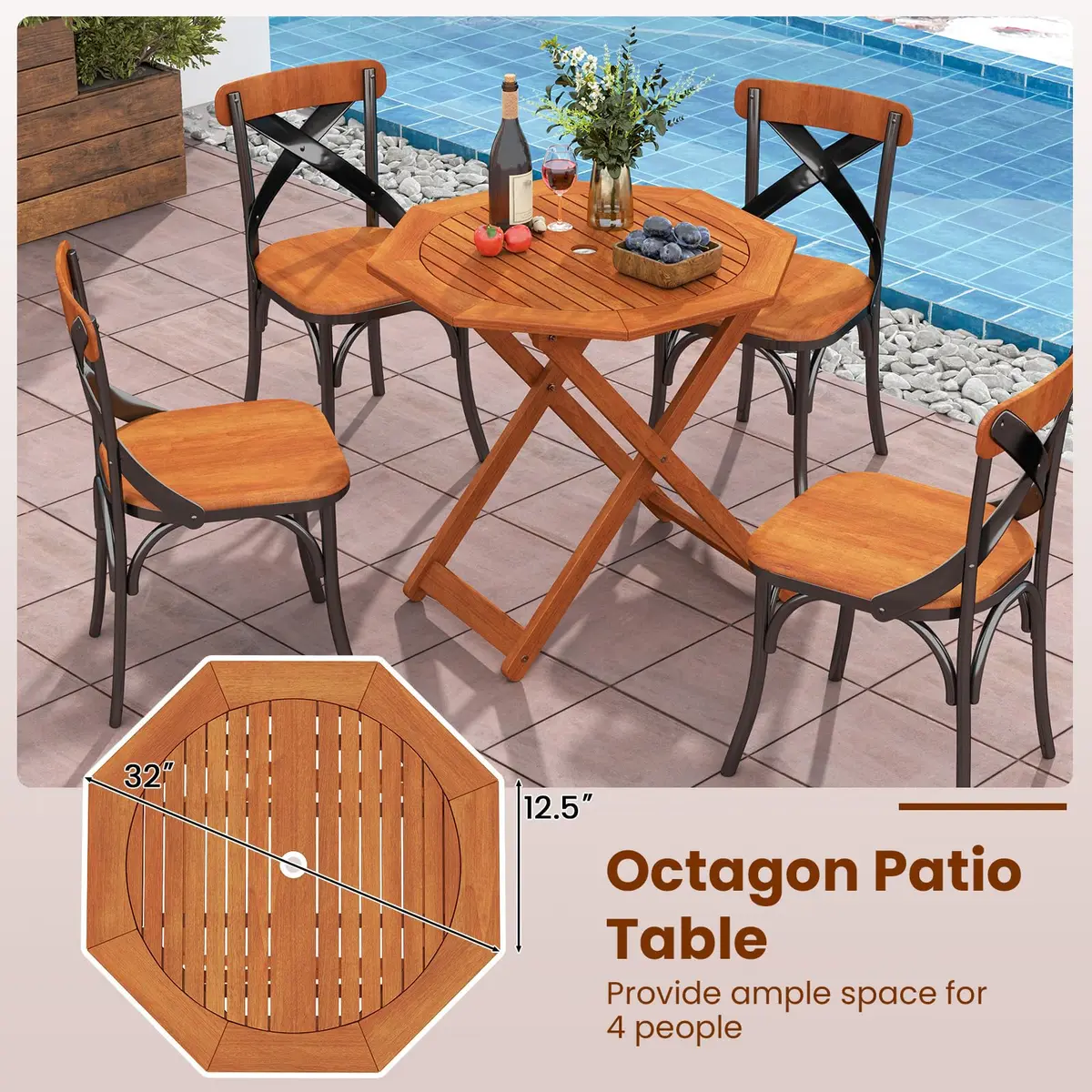 CLEEMAN Folding Outdoor Dining Table 32" x 32" Octagon Solid Wood Teak Oil Finish - view 6