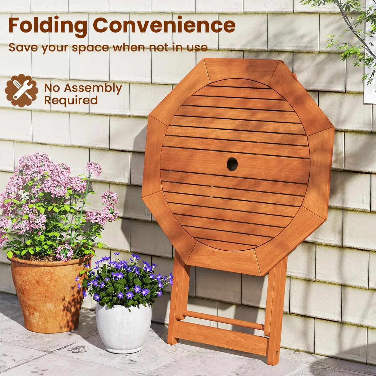 CLEEMAN Folding Outdoor Dining Table 32" x 32" Octagon Solid Wood Teak Oil Finish - view 7