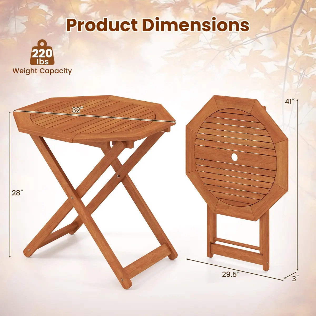 CLEEMAN Folding Outdoor Dining Table 32" x 32" Octagon Solid Wood Teak Oil Finish - view 3