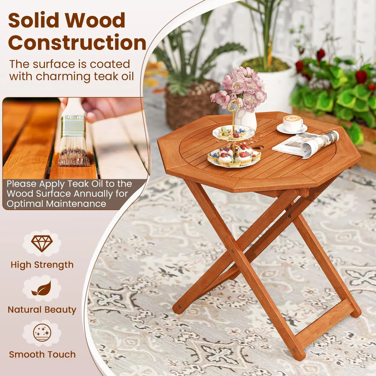 CLEEMAN Folding Outdoor Dining Table 32" x 32" Octagon Solid Wood Teak Oil Finish - view 4