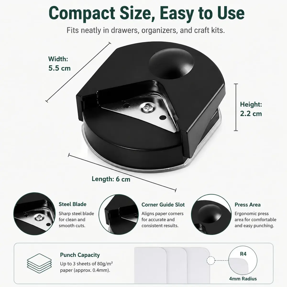 Kryoflare 4mm Corner Rounder Punch, Steel Paper Cutter with Adjustable Guide | Precise Rounding Tool for Crafts - view 7