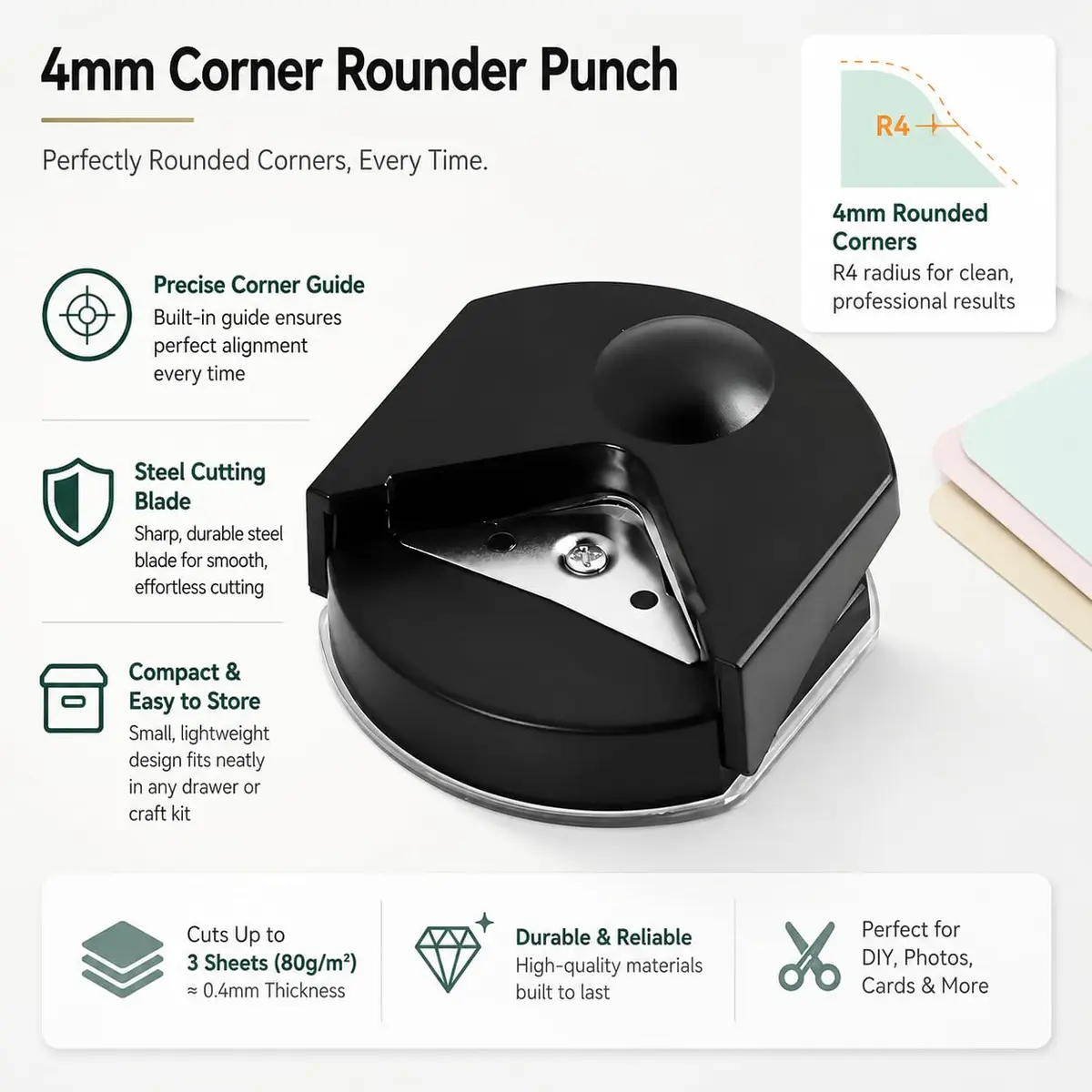 Kryoflare 4mm Corner Rounder Punch, Steel Paper Cutter with Adjustable Guide | Precise Rounding Tool for Crafts - view 8