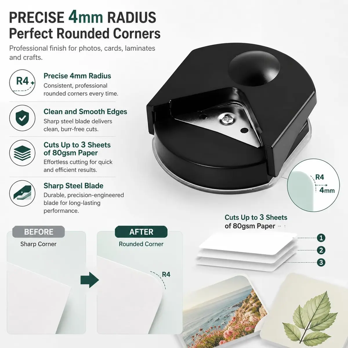 Kryoflare 4mm Corner Rounder Punch, Steel Paper Cutter with Adjustable Guide | Precise Rounding Tool for Crafts - view 2