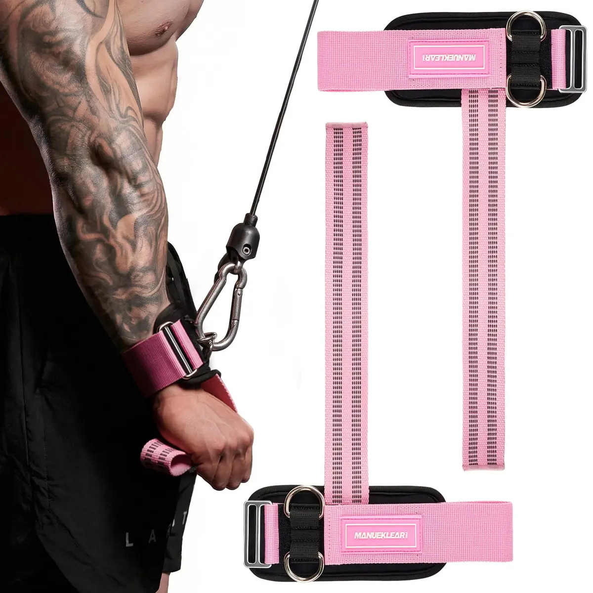 M MANUEKLEAR Pink Lifting Straps with Double D-Rings for Cable Machine & Weight Training, Size M (6.3-7.5 inch) - main product image
