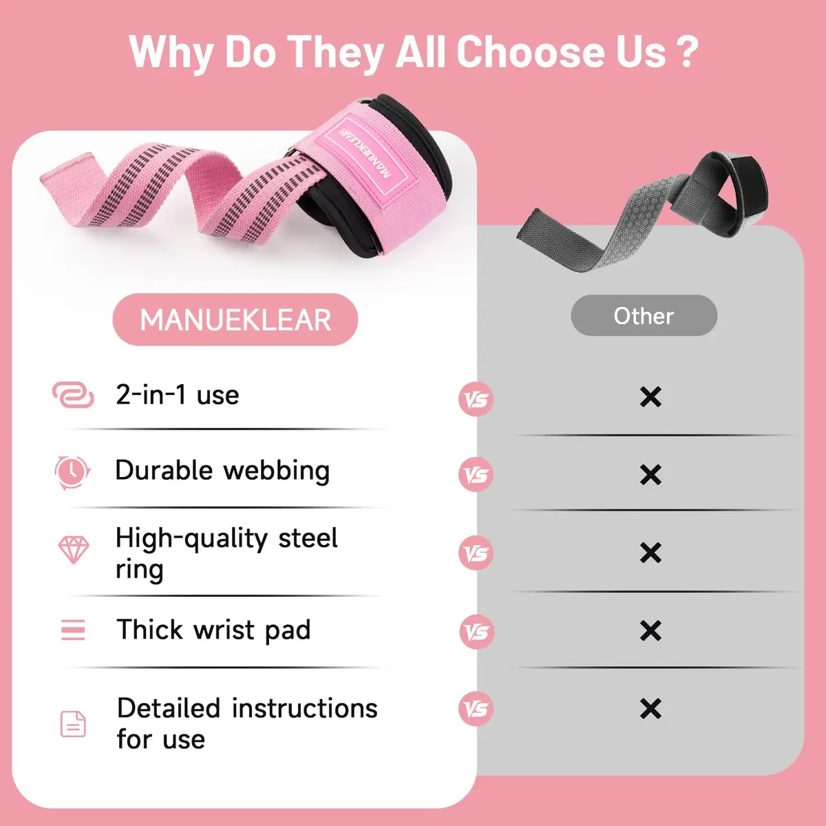 M MANUEKLEAR Pink Lifting Straps with Double D-Rings for Cable Machine & Weight Training, Size M (6.3-7.5 inch) - view 8