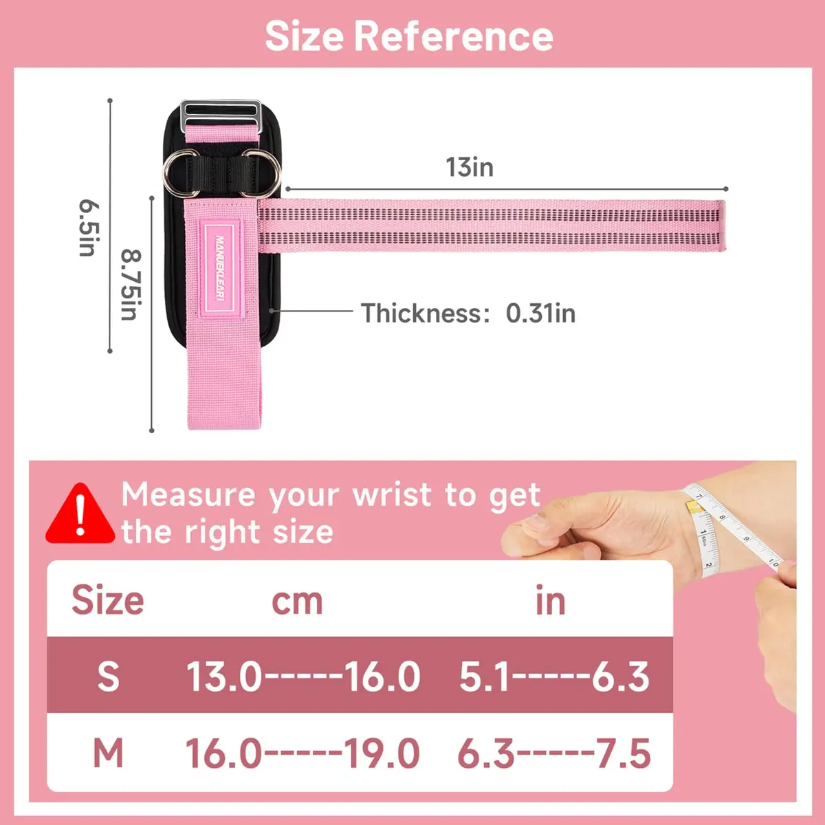 M MANUEKLEAR Pink Lifting Straps with Double D-Rings for Cable Machine & Weight Training, Size M (6.3-7.5 inch) - view 2