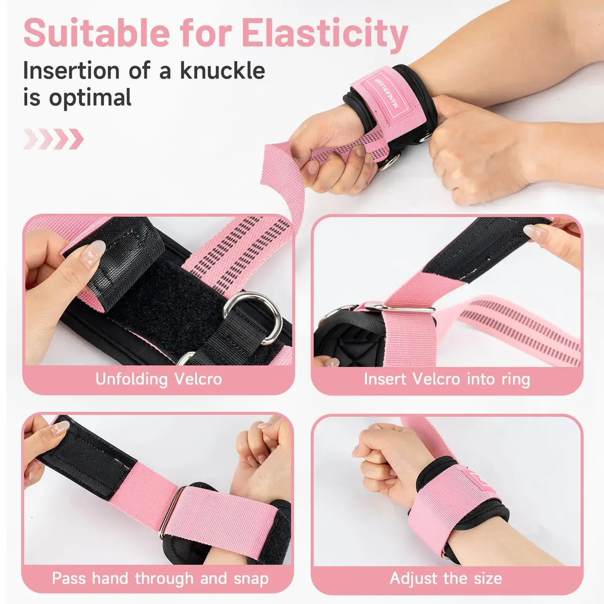 M MANUEKLEAR Pink Lifting Straps with Double D-Rings for Cable Machine & Weight Training, Size M (6.3-7.5 inch) - view 3