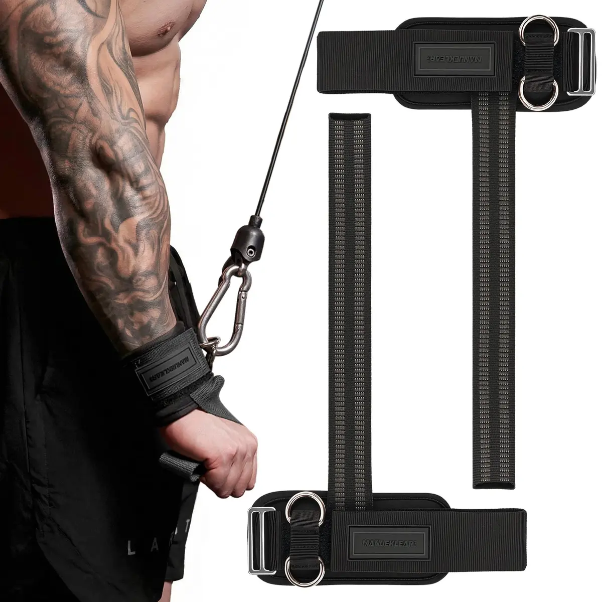 M MANUEKLEAR Black Lifting Straps with Double D-Ring & Padded Wrist Support for Weightlifting, Gym Workouts (Pair, M: 6.3-7.5 inch) - main product image