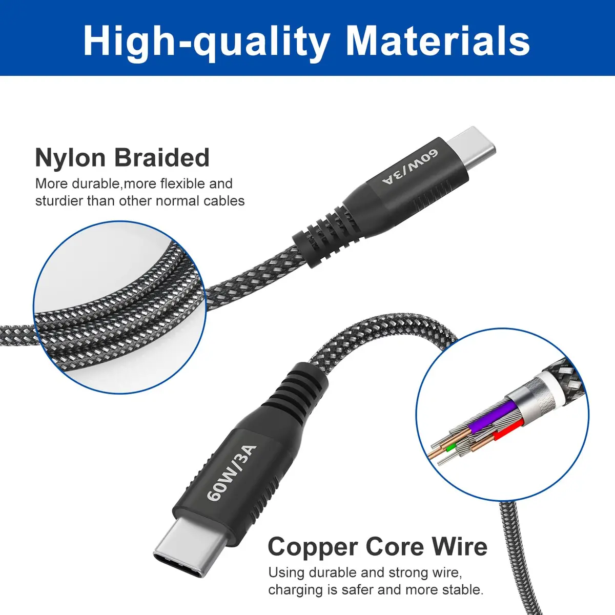 Bawanfa 20ft USB C to USB C Cable | 60W Fast Charging & Durable Braided Design - view 5