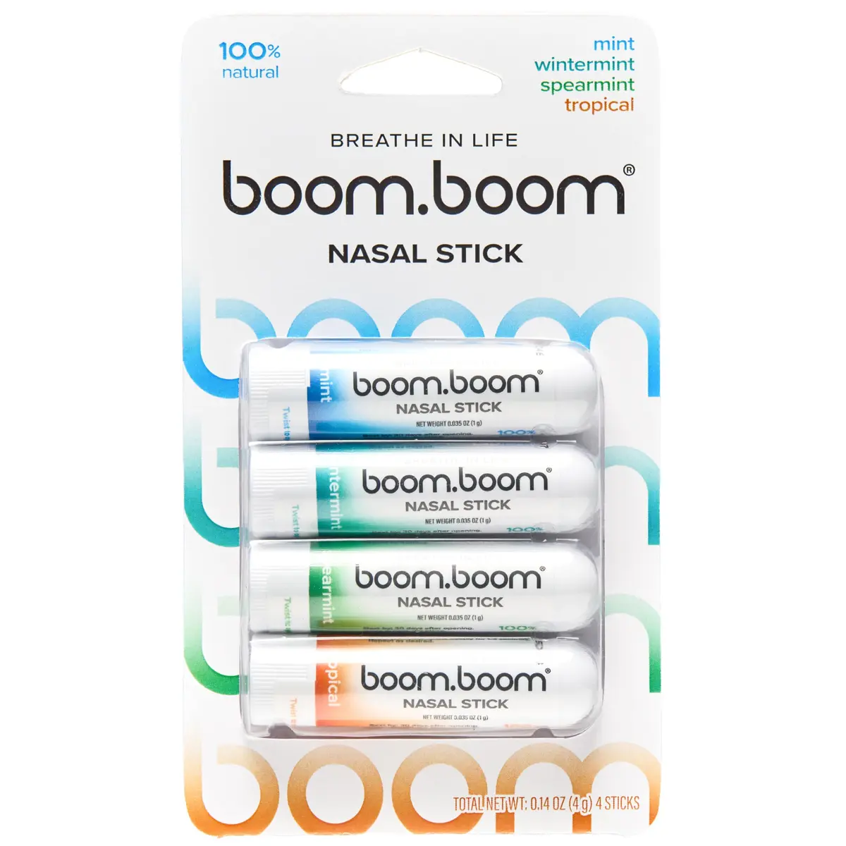 BoomBoom Nasal Stick, Variety 4 Pack | Essential Oils + Menthol Inhaler for Better Breathing - main product image