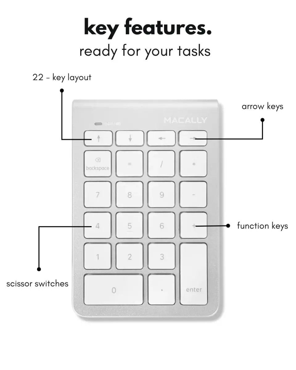 Macally Bluetooth Number Pad for Laptop - Wireless Numeric Keypad with Arrow & Function Keys, Silver (1 Unit) - view 3