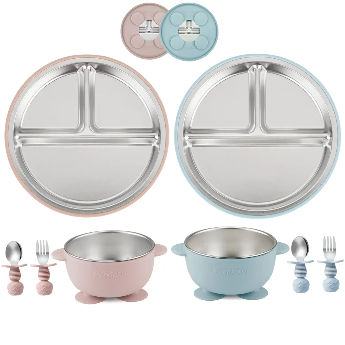 PandaEar Baby Feeding Set | Stainless Steel Plates & Bowls with Silicone Utensils | Toddler Tableware (Pink & Blue) - main product image