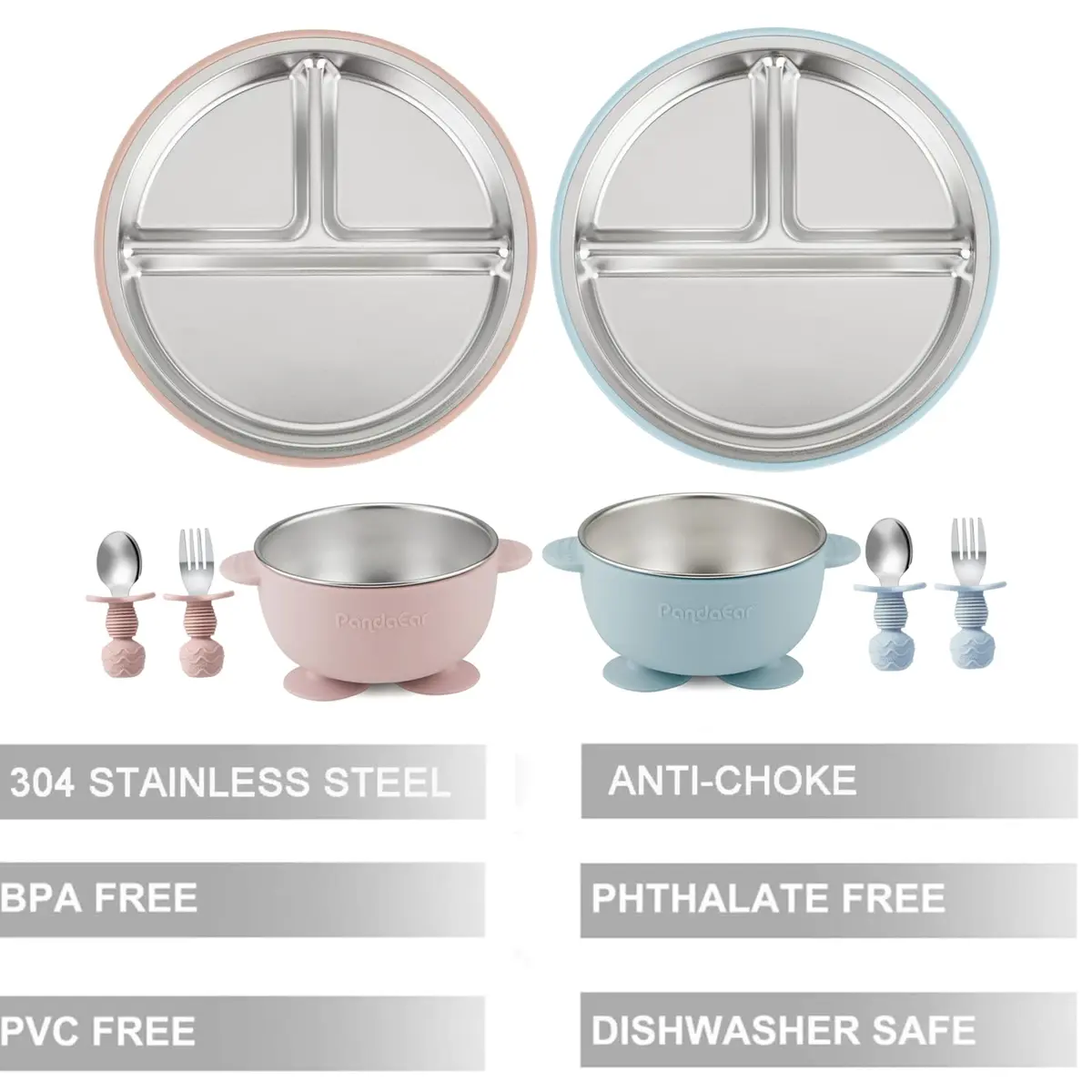 PandaEar Baby Feeding Set | Stainless Steel Plates & Bowls with Silicone Utensils | Toddler Tableware (Pink & Blue) - view 3